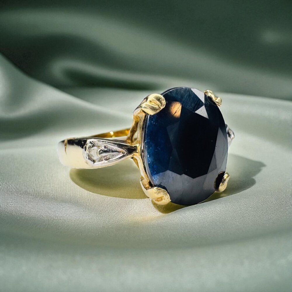 ANTIQUE- 10K Gold- 2.5ct t.w. Natural Blue Sapphire & Diamond Ring- Sz 6 -1.9g